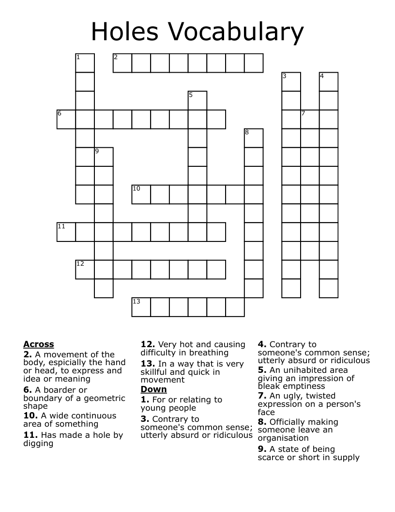 Holes Vocabulary Crossword