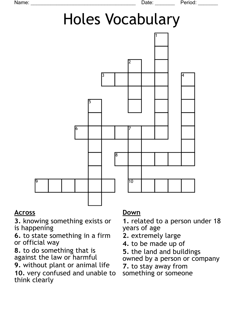 Holes Vocabulary Crossword