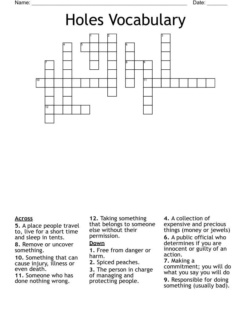 Holes Vocabulary Crossword
