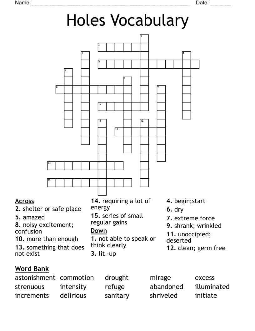 Holes Vocabulary Crossword
