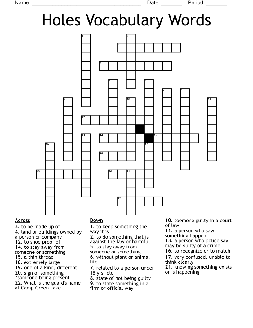 Holes Vocabulary Words Crossword