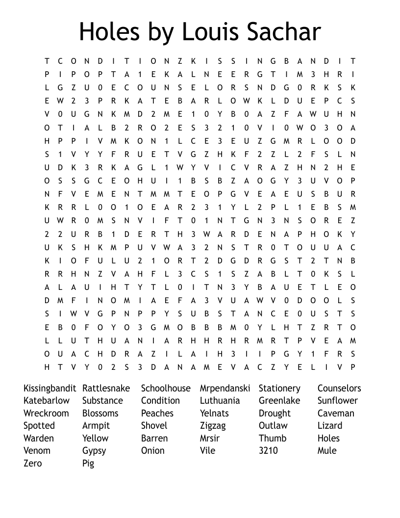 Holes by Louis Sachar Word Search