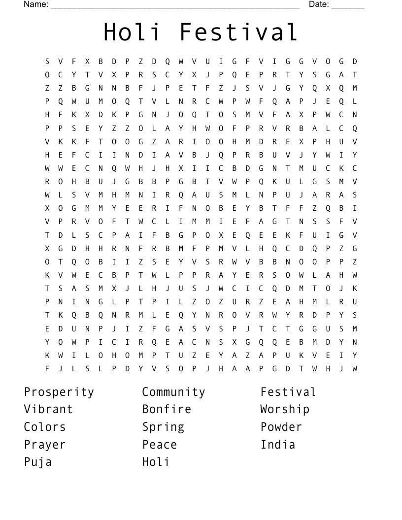 Holi Festival Word Search