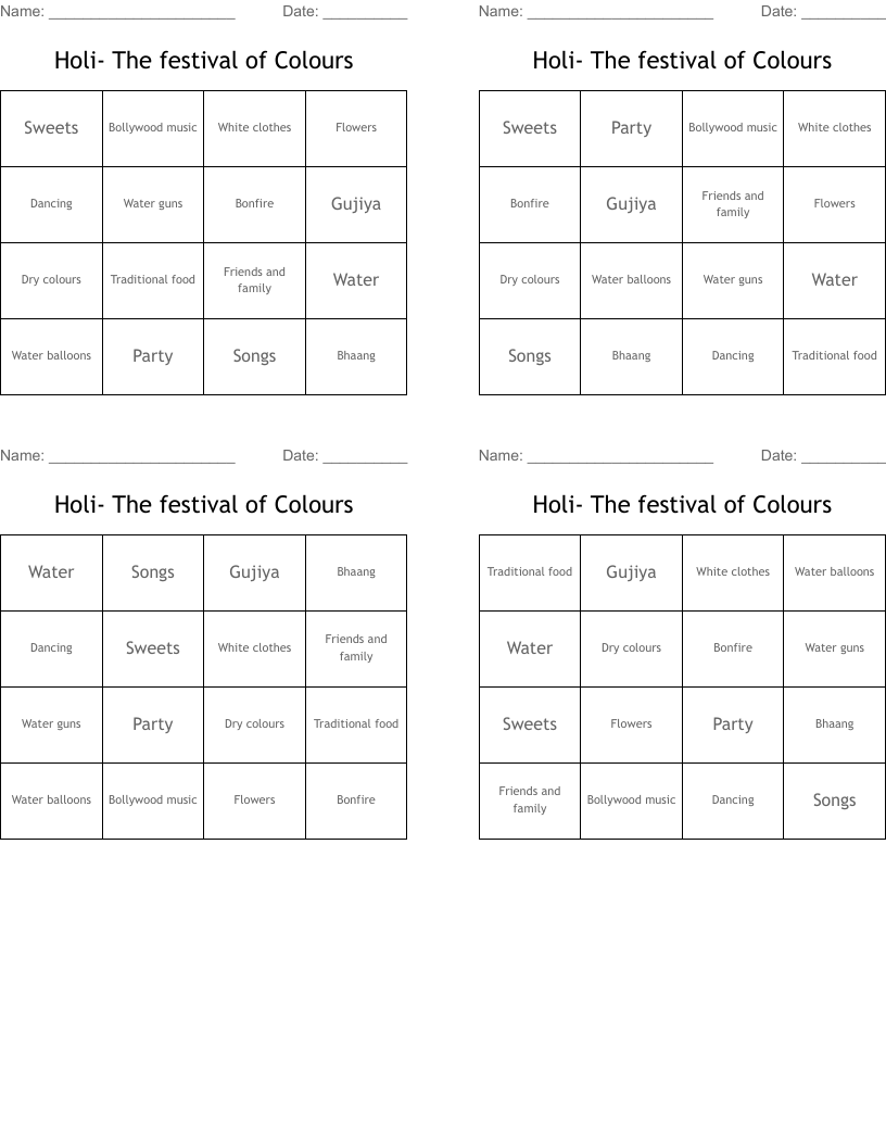 Holi- The festival of Colours Bingo Cards