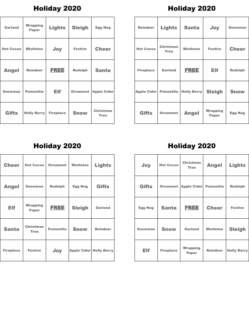 Holiday 2020 Bingo Cards