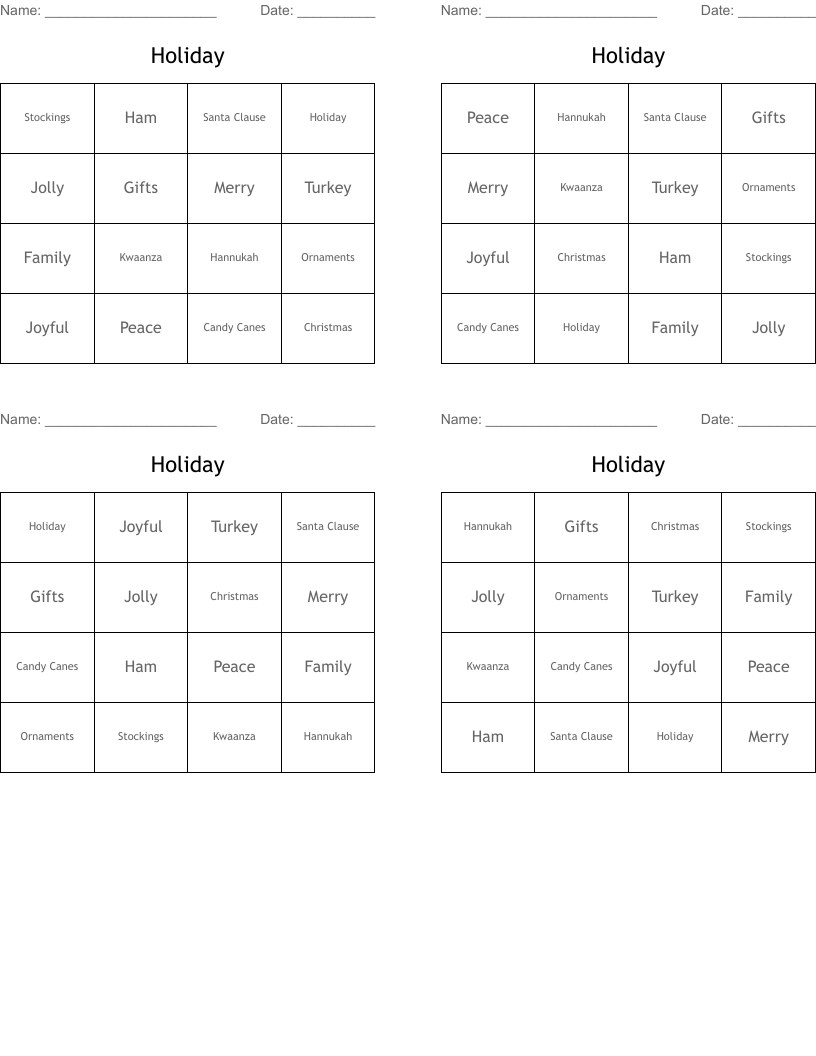 Holiday Bingo Cards