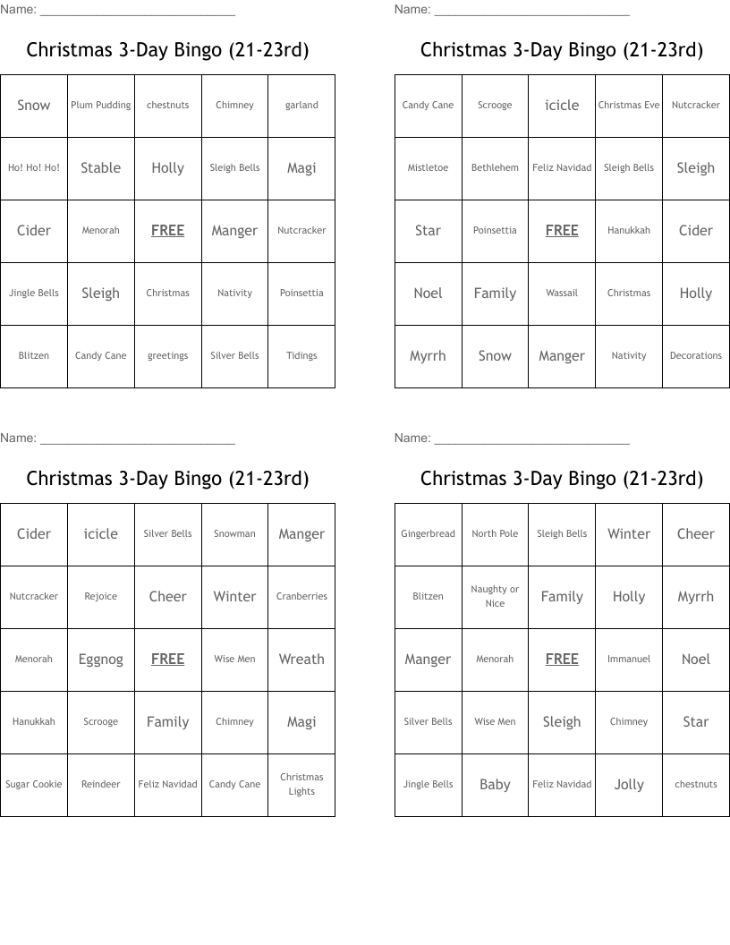 Christmas 3-Day Bingo (21-23rd)