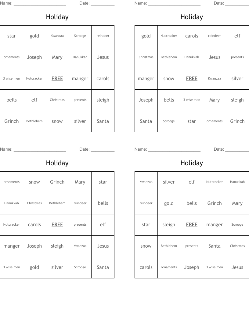 Holiday Bingo Cards