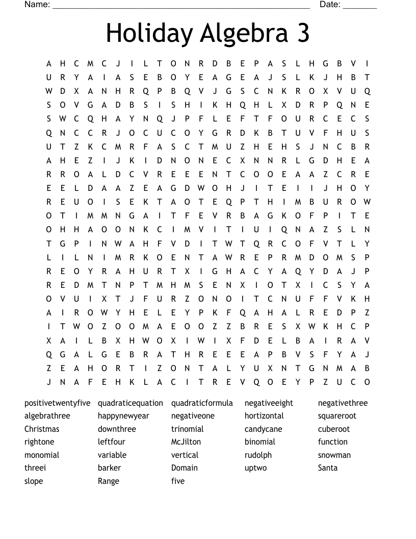 Holiday Algebra 3 Word Search