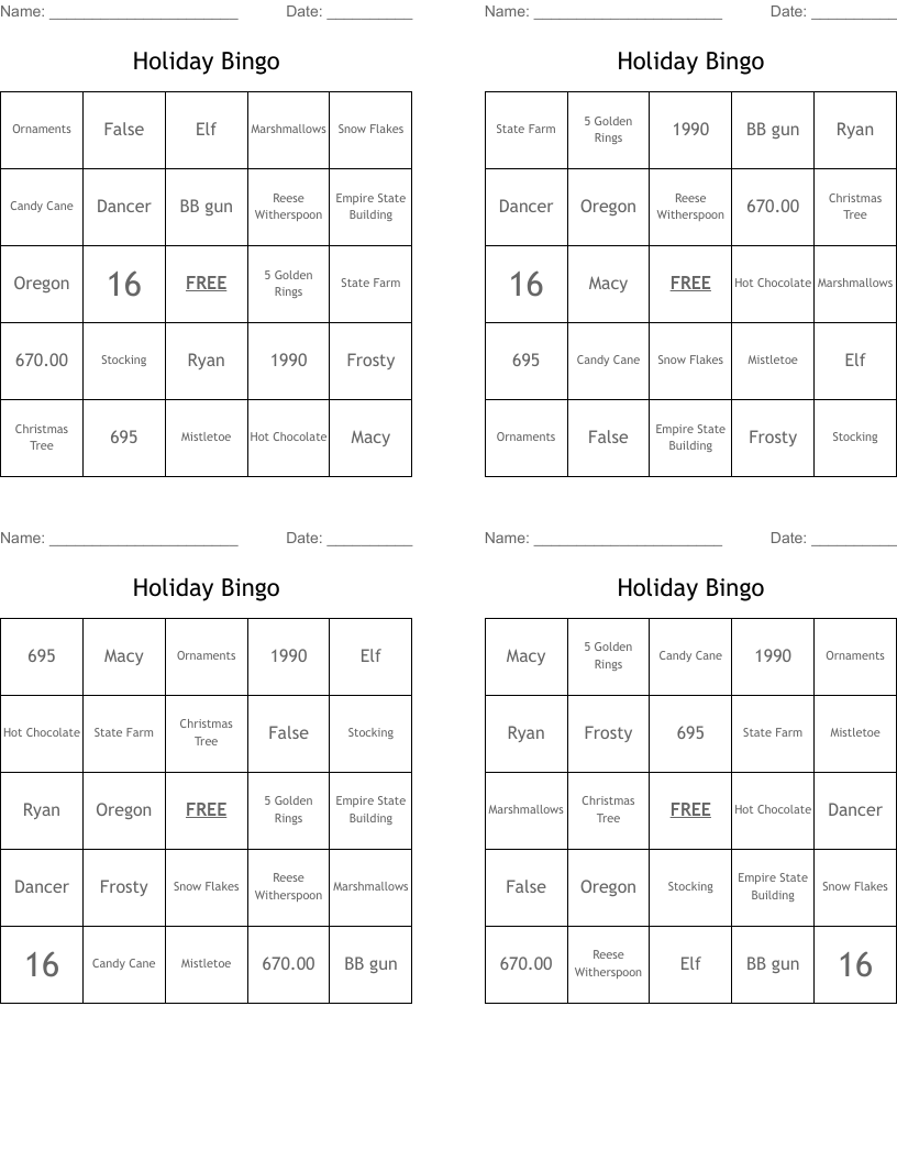 Holiday Bingo
