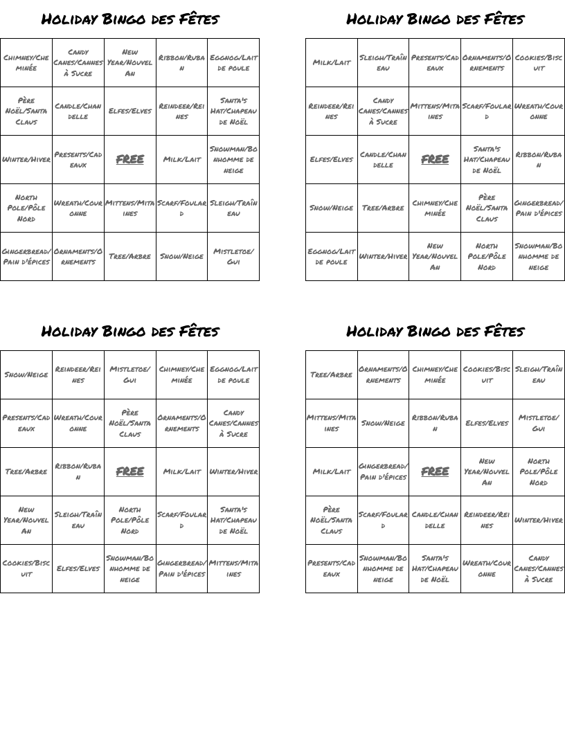 Holiday Bingo des Fêtes