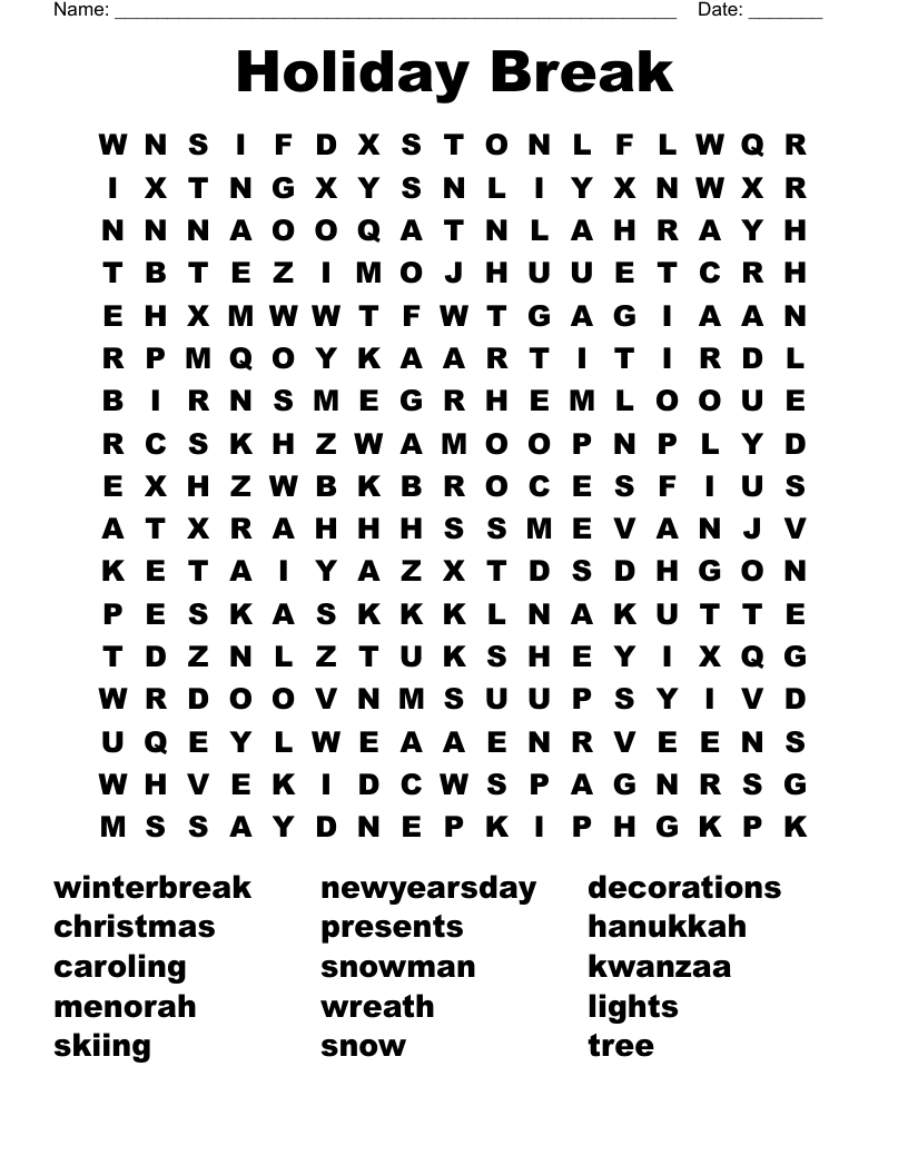 Holiday Break Word Search