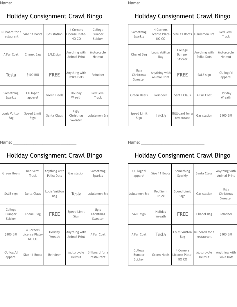 Holiday Consignment Crawl Bingo