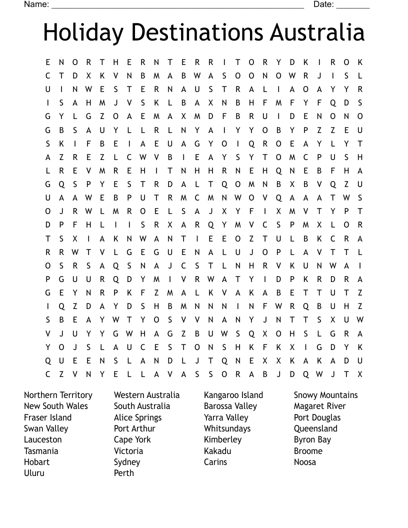 Holiday Destinations Australia Word Search
