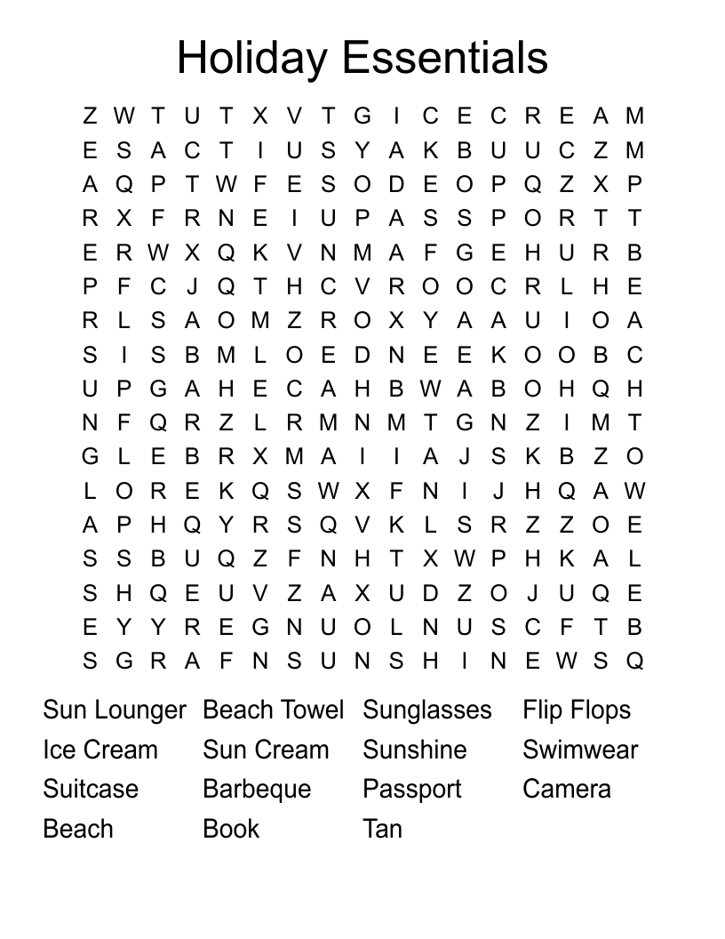 Holiday Essentials Word Search