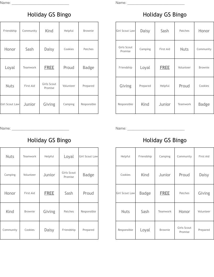 Holiday GS Bingo