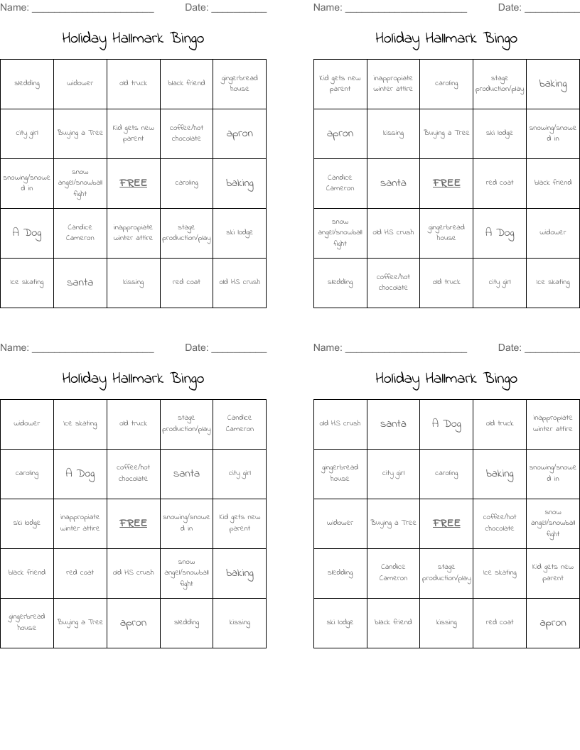 Holiday Hallmark Bingo