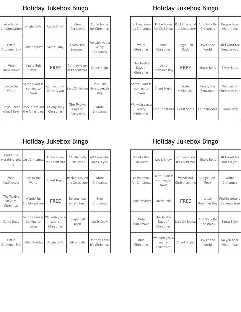 Holiday Jukebox Bingo