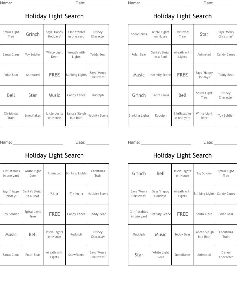 Holiday Light Search Bingo Cards