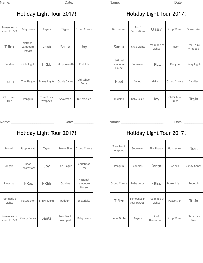 Holiday Light Tour 2017! Bingo Cards