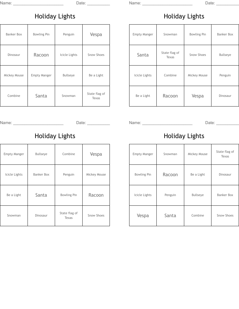 Holiday Lights Bingo Cards