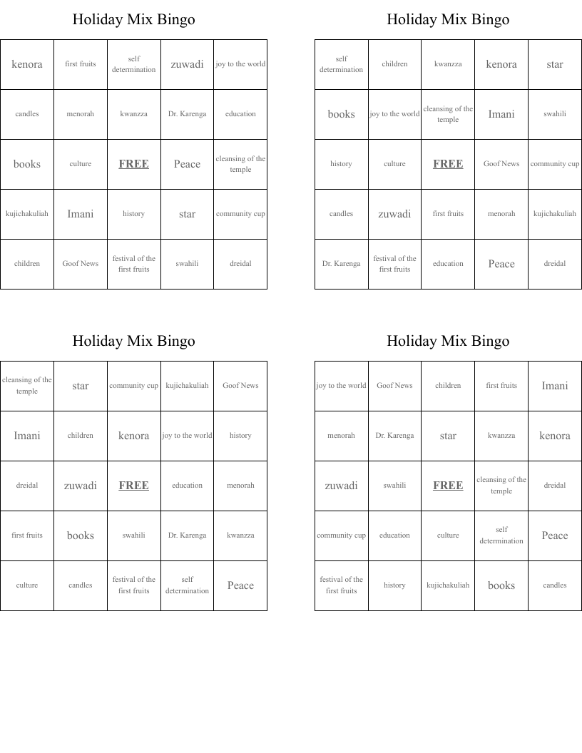 Holiday Mix Bingo