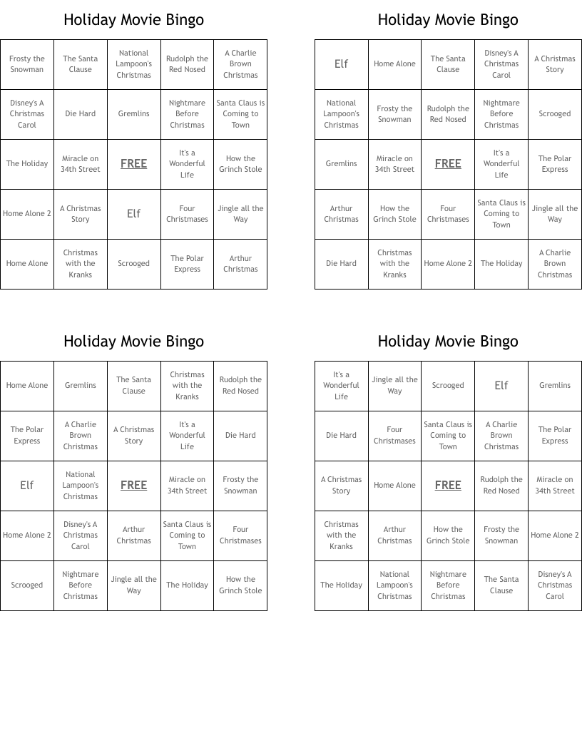 Holiday Movie Bingo