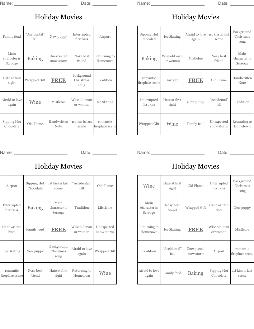 Holiday Movies Bingo Cards