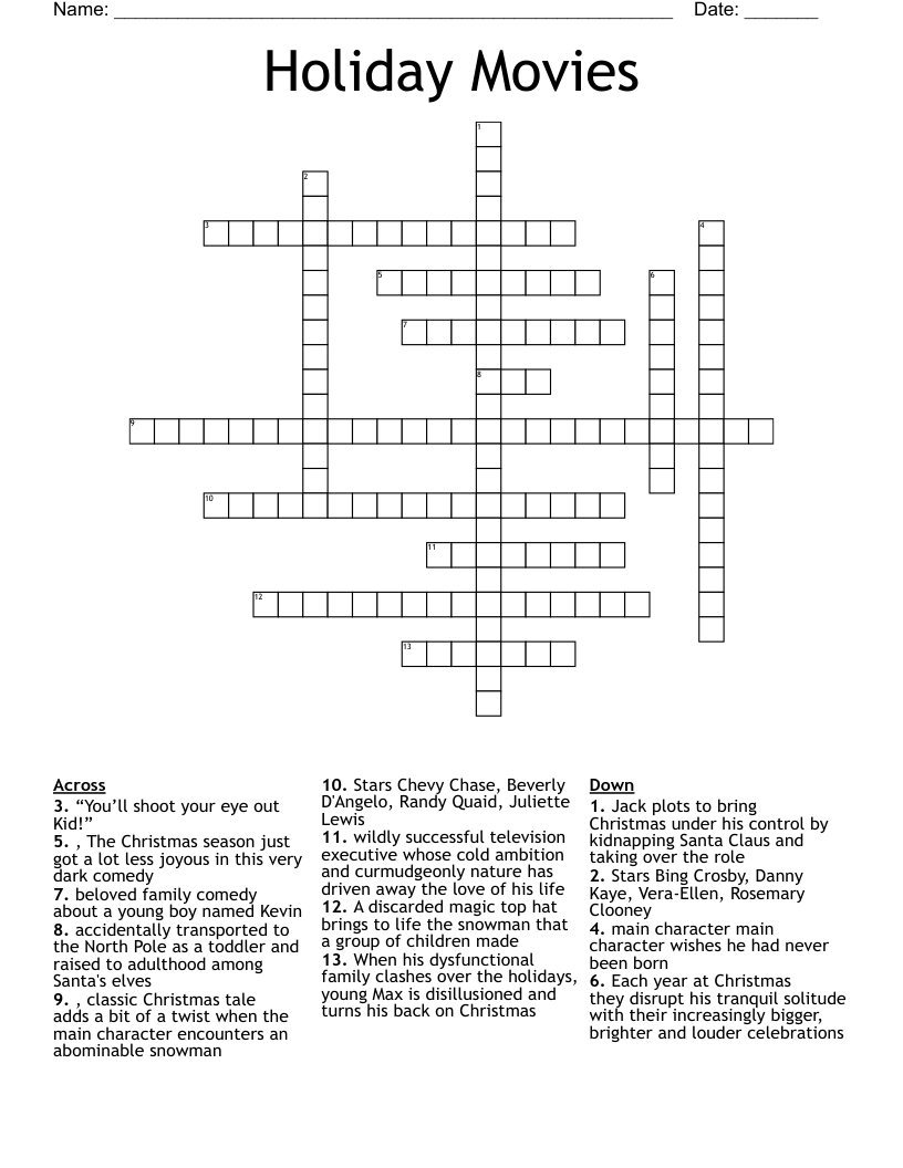Holiday Movies Crossword