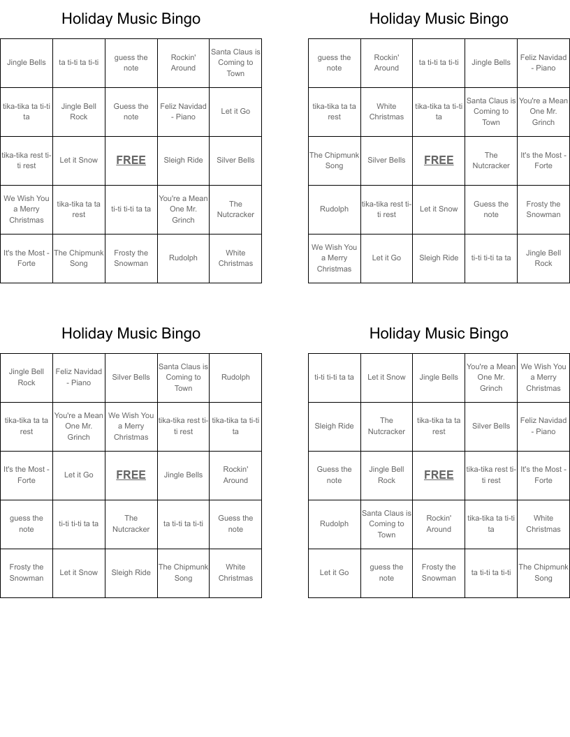 Holiday Music Bingo