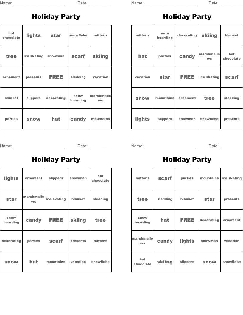 Holiday Party Bingo Cards