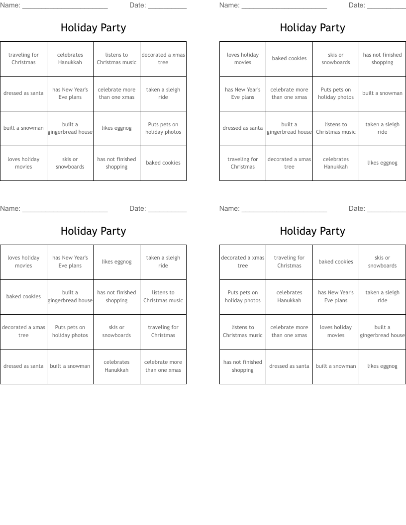Holiday Party Bingo Cards