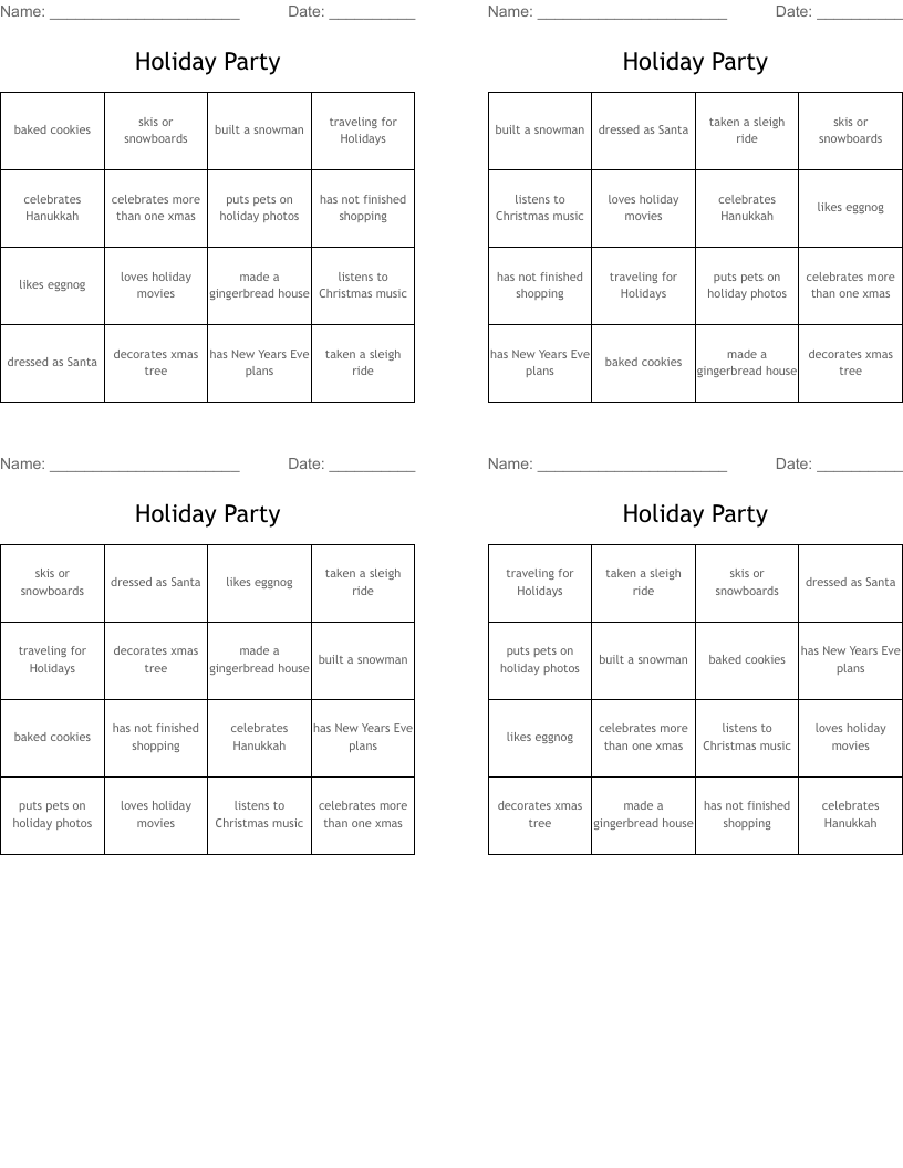 Holiday Party Bingo Cards