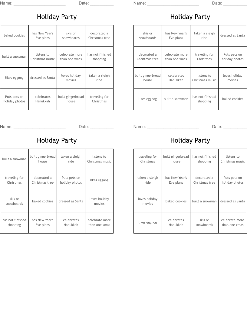 Holiday Party Bingo Cards
