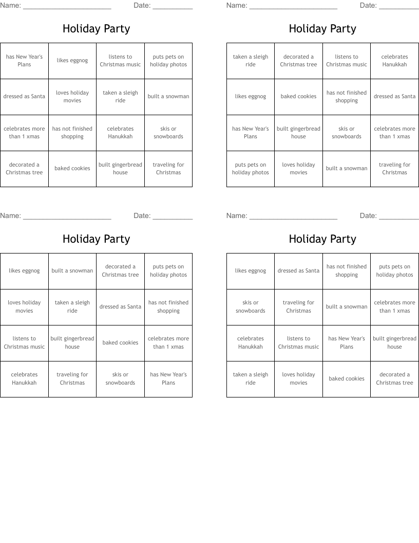 Holiday Party Bingo Cards