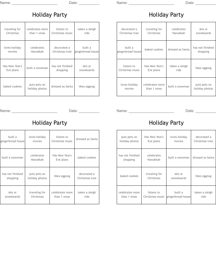 Holiday Party Bingo Cards