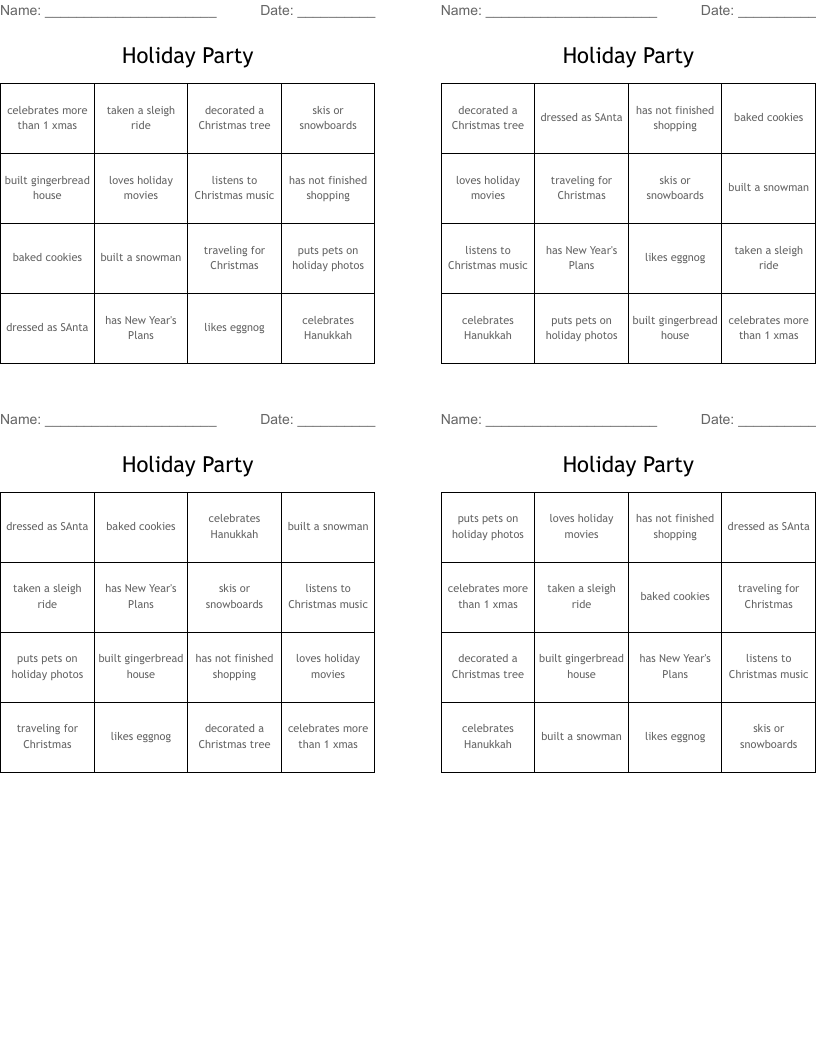 Holiday Party Bingo Cards
