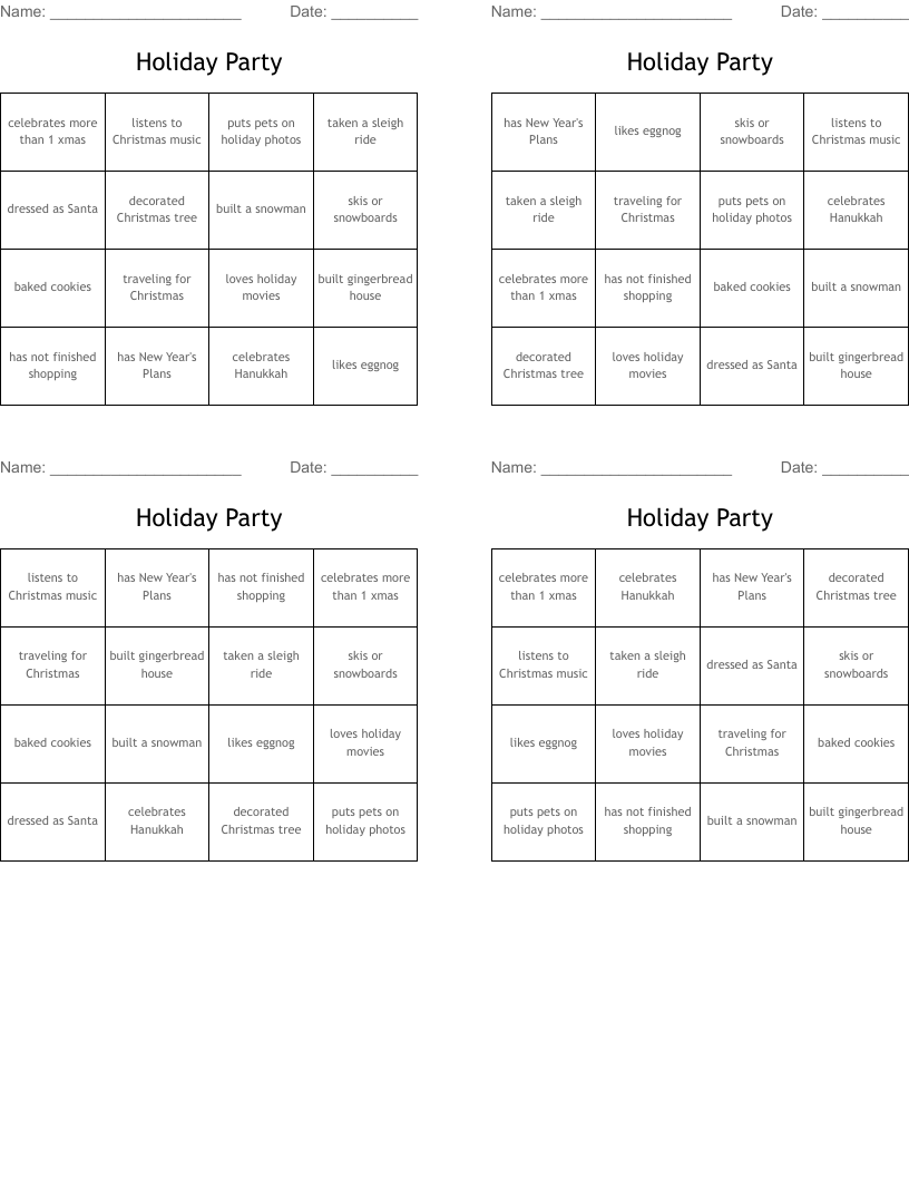 Holiday Party Bingo Cards