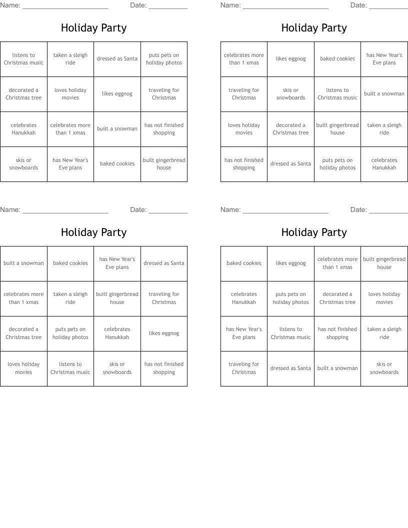 Holiday Party Bingo Cards