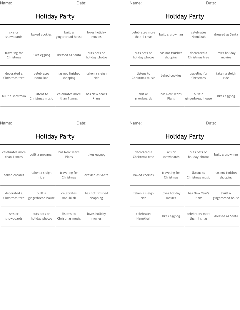 Holiday Party Bingo Cards