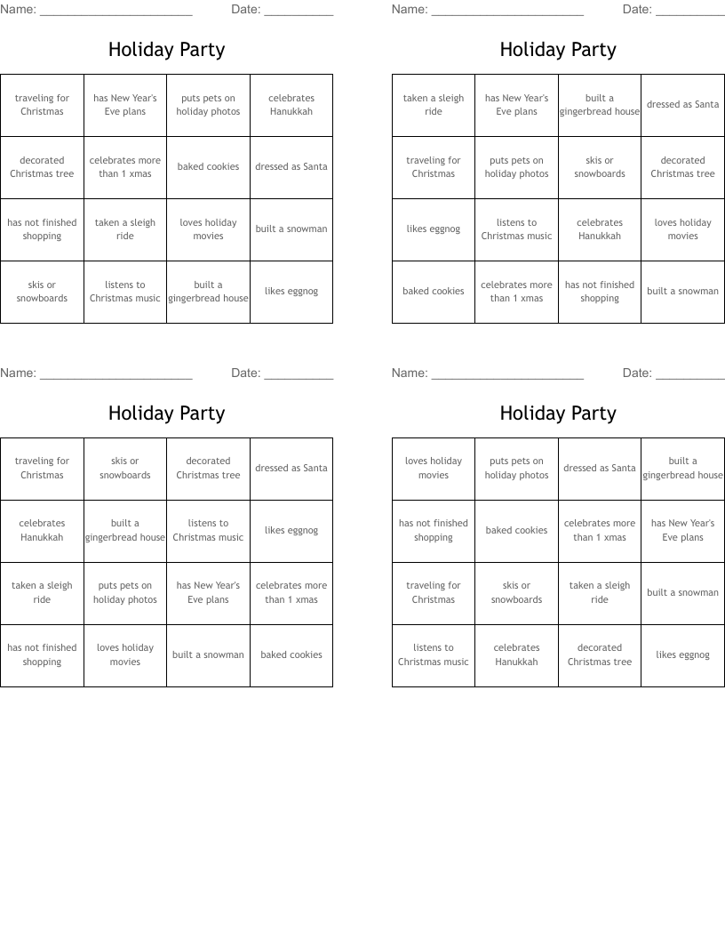 Holiday Party Bingo Cards