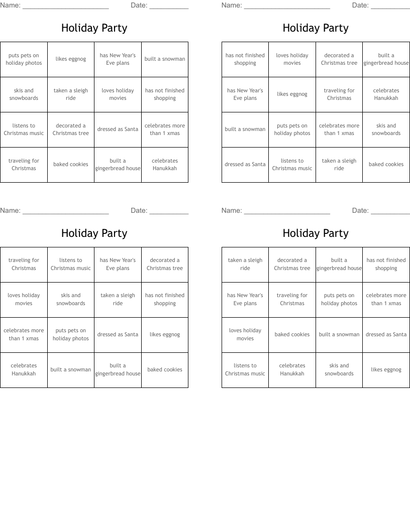 Holiday Party Bingo Cards