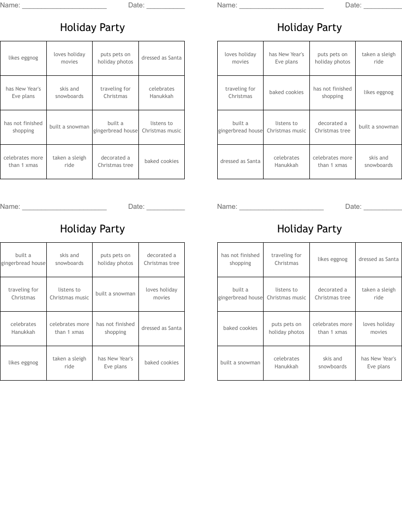 Holiday Party Bingo Cards