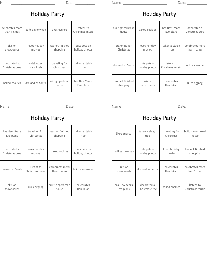 Holiday Party Bingo Cards