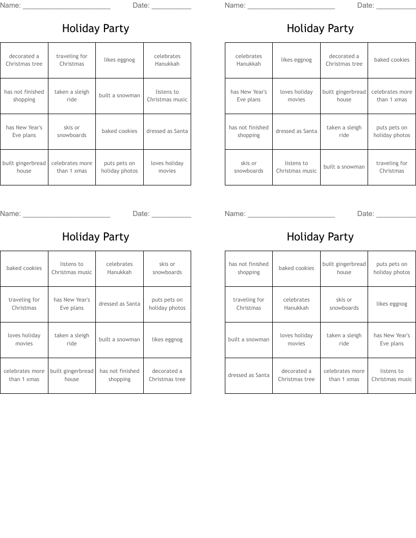 Holiday Party Bingo Cards
