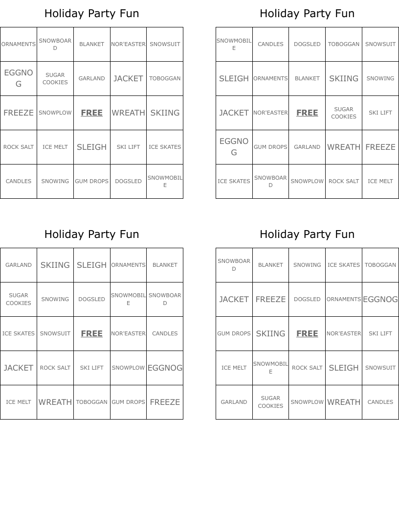 Holiday Party Fun Bingo Cards