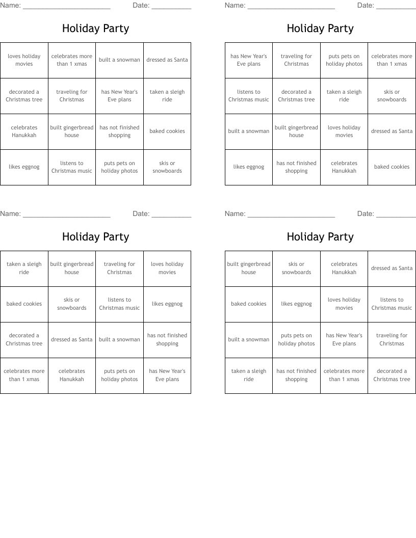 Holiday Party  Bingo Cards