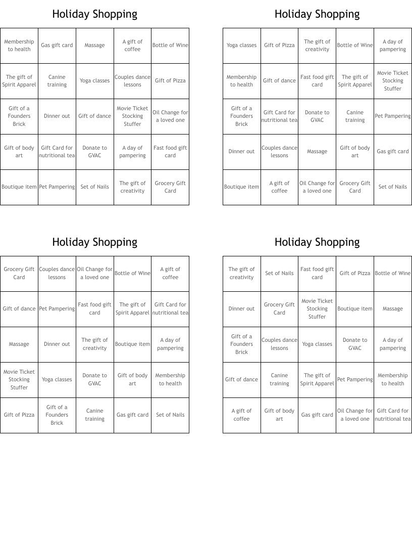 Holiday Shopping Bingo Cards