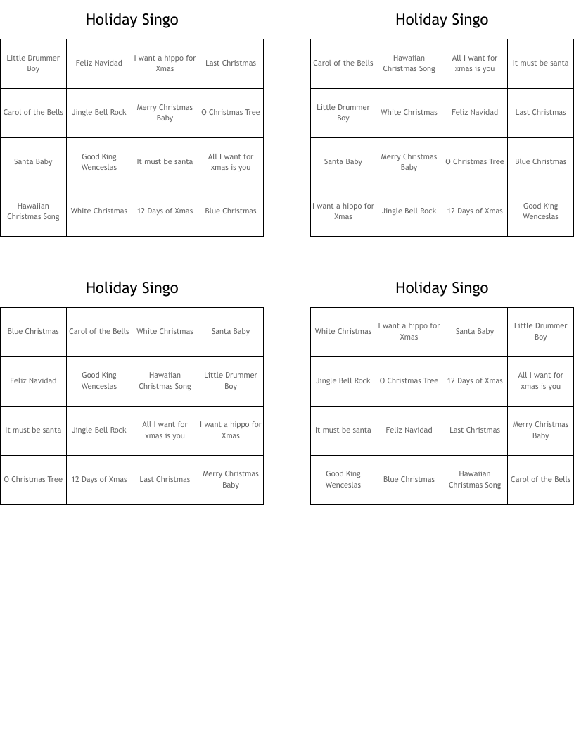 Holiday Singo Bingo Cards