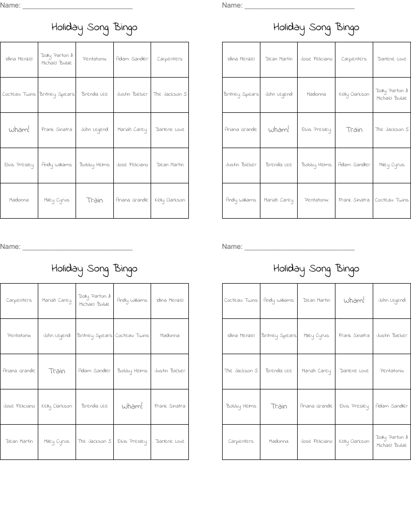 Holiday Song Bingo